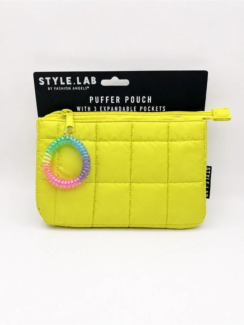 STYLE.LAB Neon Yellow Puffer Pouch w/ 3 Expandable Pockets + Wrist Charm NWT